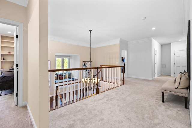1303 Towsley Ln, Ann Arbor, MI 48105 - hallway with carpet, a chandelier, recessed lighting, crown molding, and an upstairs landing