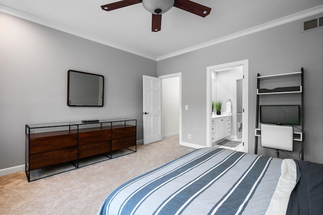 1303 Towsley Ln, Ann Arbor, MI 48105 - carpeted bedroom with crown molding, connected bathroom, and a ceiling fan