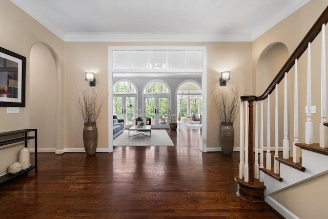 1303 Towsley Ln, Ann Arbor, MI 48105 - entrance foyer featuring wood finished floors, stairway, and ornamental molding