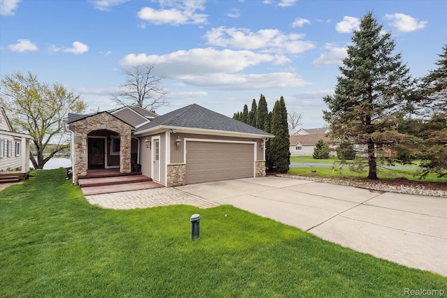 9669 Norman Rd, Clarkston, MI 48348 - view of front of house with stone siding, a garage, concrete driveway, a front yard, and roof with shingles