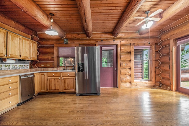 12170 Riethmiller Rd, Grass Lake, MI 49240 - kitchen with stainless steel appliances, a wood ceiling with exposed beams, open shelves, log walls, and light wood-style flooring