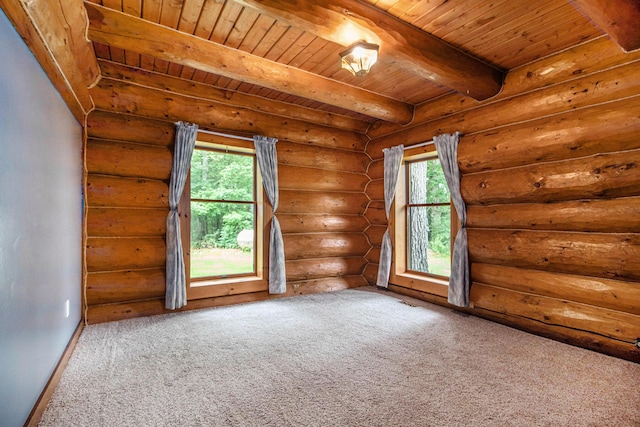 12170 Riethmiller Rd, Grass Lake, MI 49240 - carpeted empty room featuring a wood ceiling with exposed beams and baseboards