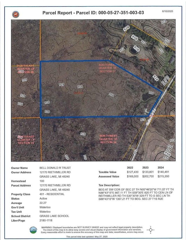 12170 Riethmiller Rd, Grass Lake, MI 49240 - aerial map of property and surrounding area
