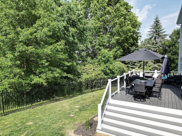 3293 Creek Ridge Dr, Hudsonville, MI 49426 - deck featuring outdoor dining area, a fenced backyard, and view of wooded area