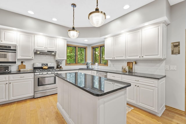 1255 White Pine Dr SW, Grand Rapids, MI 49534 - kitchen featuring stainless steel appliances, under cabinet range hood, white cabinetry, and recessed lighting