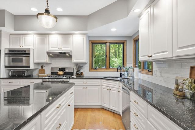 1255 White Pine Dr SW, Grand Rapids, MI 49534 - kitchen featuring stainless steel appliances, under cabinet range hood, white cabinetry, backsplash, and recessed lighting