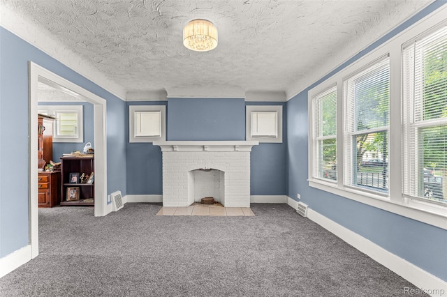 6842 Jonathon St, Dearborn, MI 48126 - unfurnished living room featuring plenty of natural light, carpet, a textured ceiling, and a brick fireplace