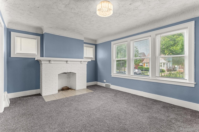 6842 Jonathon St, Dearborn, MI 48126 - unfurnished living room featuring carpet floors, a brick fireplace, and a textured ceiling
