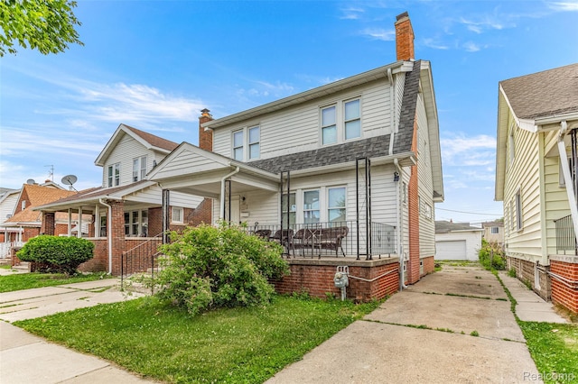6842 Jonathon St, Dearborn, MI 48126 - view of front of house with a chimney, a porch, an outdoor structure, and roof with shingles
