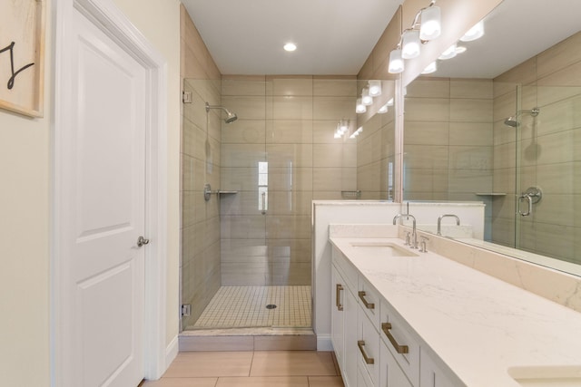 3078 N Spurway Dr, Ann Arbor, MI 48105 - full bath with vanity, a shower stall, tile patterned floors, and recessed lighting