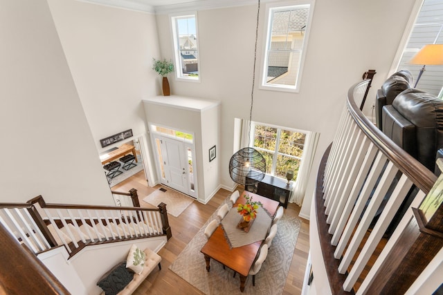 3078 N Spurway Dr, Ann Arbor, MI 48105 - entryway with stairway, plenty of natural light, wood finished floors, and crown molding