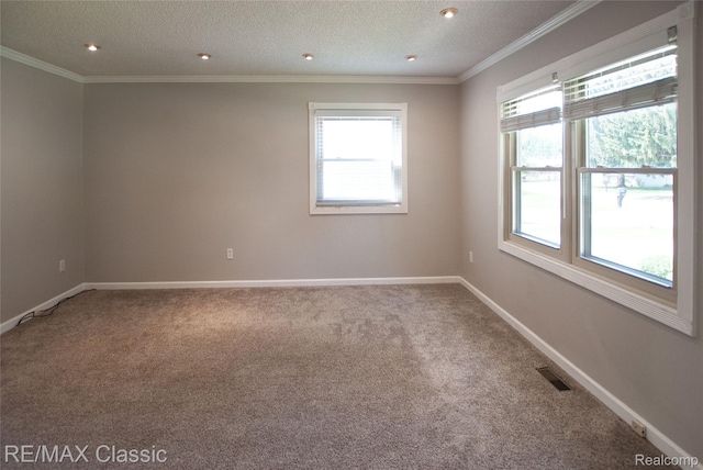 5280 Weston Ct, Commerce Twp, MI 48382 - empty room featuring carpet, plenty of natural light, recessed lighting, crown molding, and a textured ceiling