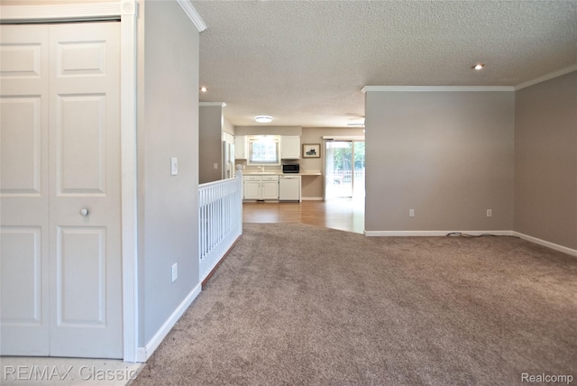 5280 Weston Ct, Commerce Twp, MI 48382 - unfurnished living room featuring carpet, a textured ceiling, and ornamental molding