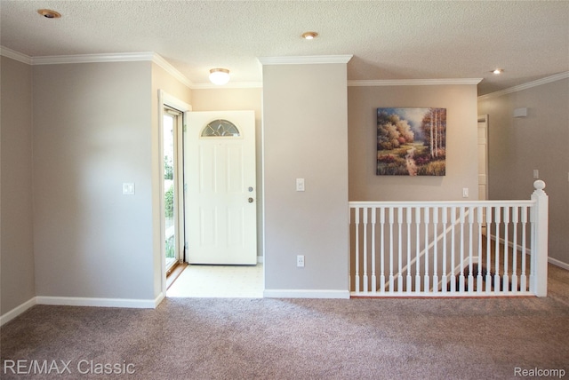 5280 Weston Ct, Commerce Twp, MI 48382 - carpeted foyer entrance with crown molding and a textured ceiling