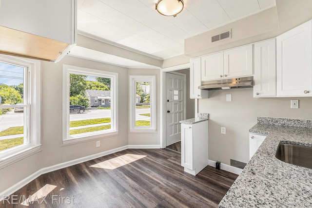 23736 Mac Arthur Blvd, Warren, MI 48089 - kitchen with under cabinet range hood, dark wood-style flooring, light stone countertops, and white cabinets
