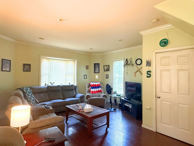 512 E Main St, Owosso, MI 48867 - living room featuring dark wood-type flooring and crown molding