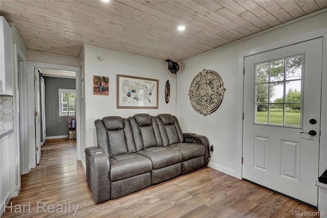 1191 W Frenchline Rd, Sandusky, MI 48471 - living room with light wood-style flooring, wooden ceiling, and recessed lighting