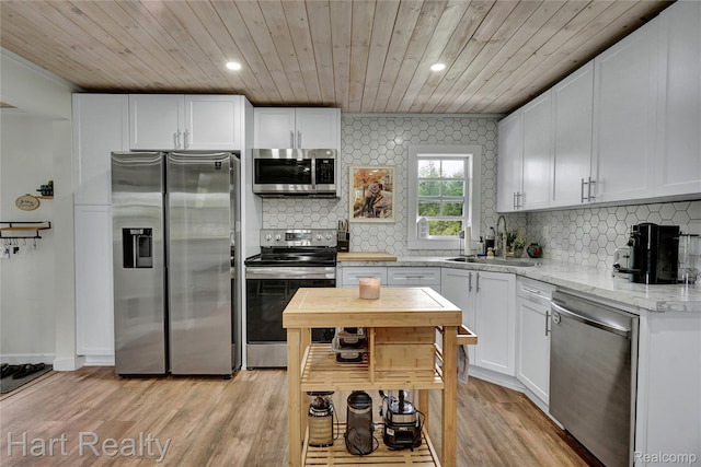 1191 W Frenchline Rd, Sandusky, MI 48471 - kitchen featuring stainless steel appliances, wooden ceiling, white cabinetry, light wood-style floors, and tasteful backsplash