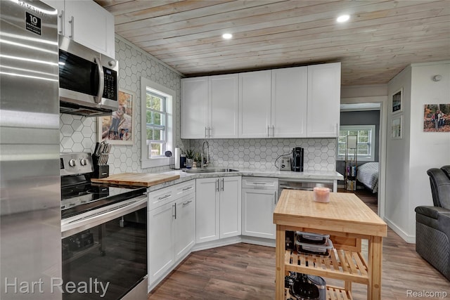 1191 W Frenchline Rd, Sandusky, MI 48471 - kitchen with stainless steel appliances, wood ceiling, butcher block countertops, white cabinets, and wood finished floors