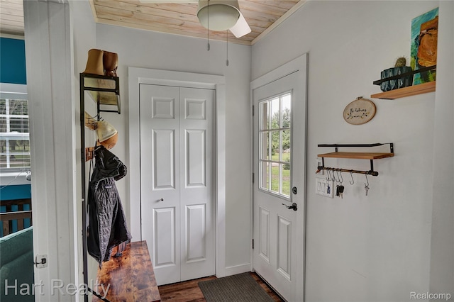 1191 W Frenchline Rd, Sandusky, MI 48471 - entryway with wood ceiling, dark wood-style floors, and a ceiling fan