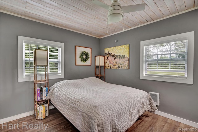 1191 W Frenchline Rd, Sandusky, MI 48471 - bedroom featuring ornamental molding, wood finished floors, wood ceiling, and a ceiling fan