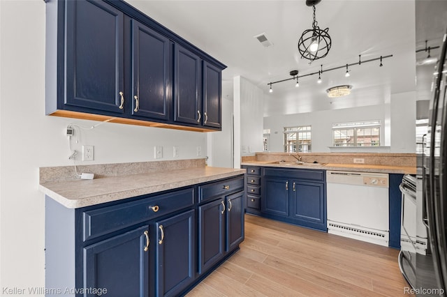 438 Old Pine Way, Walled Lake, MI 48390 - kitchen with dishwasher, blue cabinetry, light countertops, light wood-type flooring, and pendant lighting