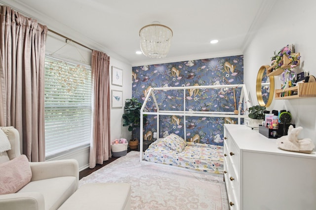 3320 Bluett Dr, Ann Arbor, MI 48105 - bedroom featuring ornamental molding, a chandelier, wood finished floors, and recessed lighting
