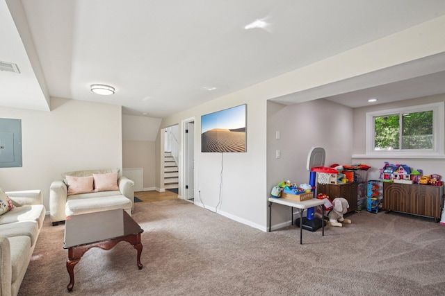 3320 Bluett Dr, Ann Arbor, MI 48105 - living area featuring carpet, stairs, and electric panel