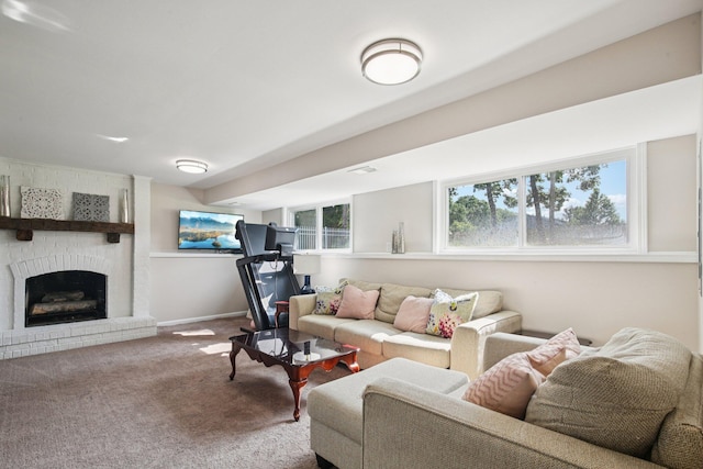 3320 Bluett Dr, Ann Arbor, MI 48105 - living room featuring carpet floors and a brick fireplace