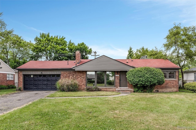 16952 Mount Vernon St, Wixom, MI 48075 - view of front of house featuring brick siding, a garage, asphalt driveway, a front lawn, and a chimney