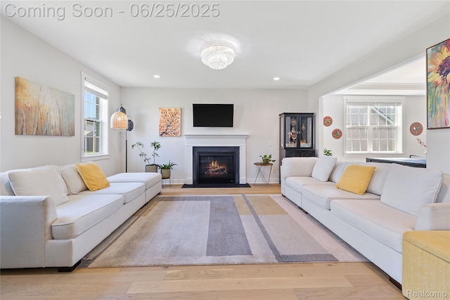 51008 Woodford Dr, Canton, MI 48188 - living room featuring wood finished floors, a fireplace with flush hearth, and recessed lighting