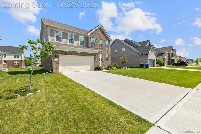 51008 Woodford Dr, Canton, MI 48188 - view of front of house with brick siding, a garage, driveway, and a front lawn