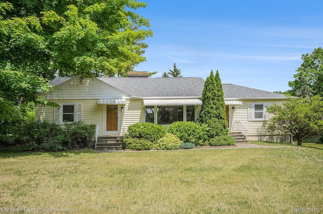 2740 Judah Rd, Lake Orion, MI 48359 - view of front of house featuring a front yard, a shingled roof, a chimney, and entry steps