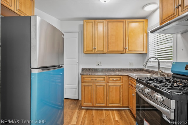 26389 Annapolis St, Dearborn Heights, MI 48125 - kitchen with appliances with stainless steel finishes, dark countertops, light wood-style floors, and under cabinet range hood
