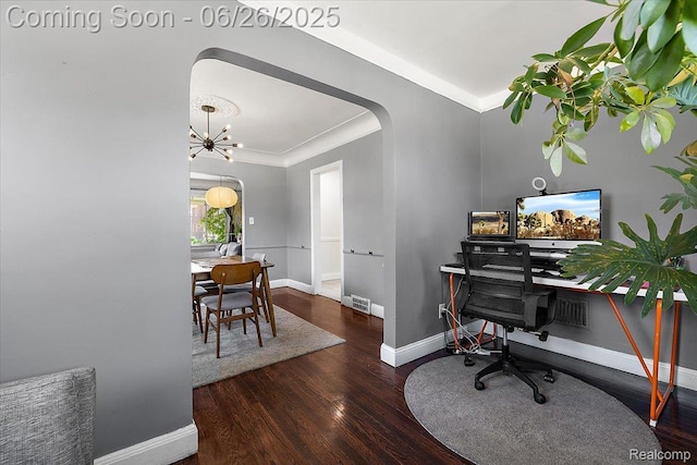17617 Indiana St, Detroit, MI 48221 - office space featuring arched walkways, wood finished floors, a chandelier, and ornamental molding