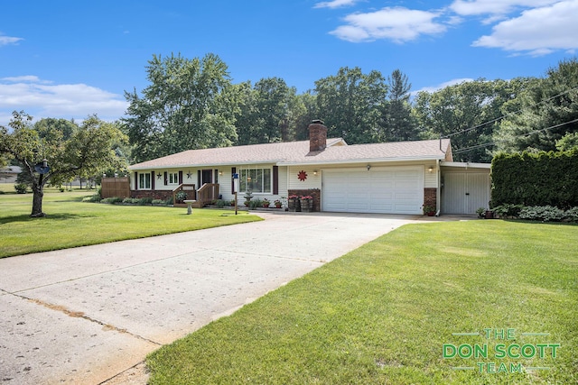 11829 Hoskins Ave NE, Cedar Springs, MI 49319 - single story home with a garage, concrete driveway, a front lawn, a chimney, and brick siding