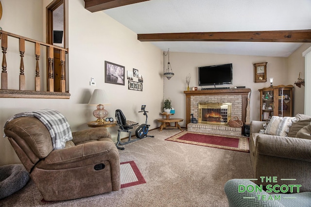 11829 Hoskins Ave NE, Cedar Springs, MI 49319 - living room featuring carpet floors, beamed ceiling, and a brick fireplace