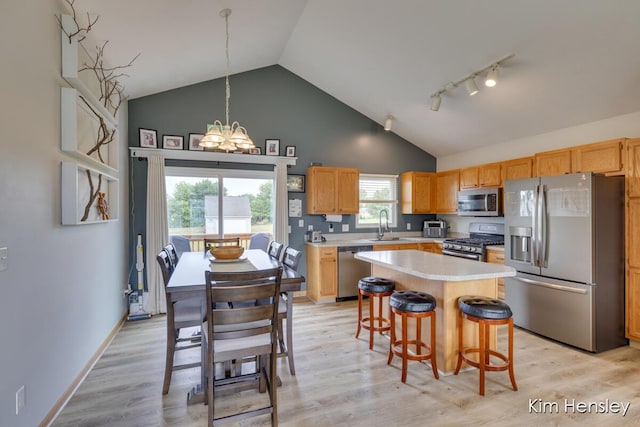 4233 Ives Farm Ln NE, Cedar Springs, MI 49319 - kitchen with stainless steel appliances, high vaulted ceiling, light countertops, a center island, and a chandelier