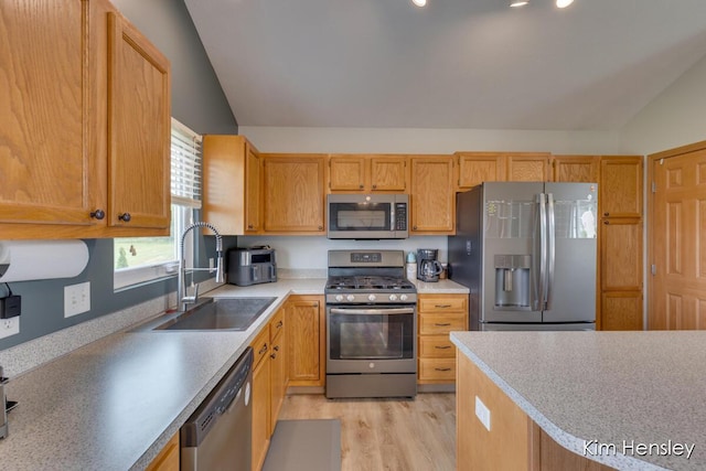 4233 Ives Farm Ln NE, Cedar Springs, MI 49319 - kitchen with appliances with stainless steel finishes, vaulted ceiling, light wood-style floors, light countertops, and recessed lighting