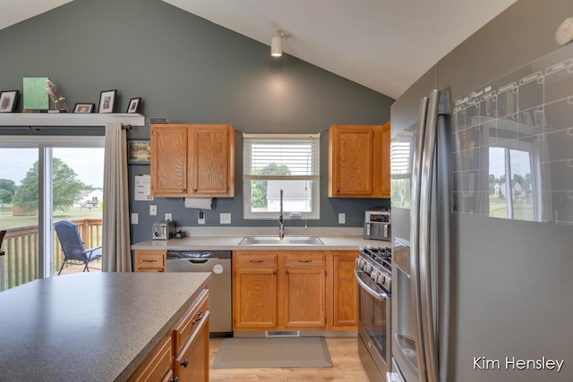4233 Ives Farm Ln NE, Cedar Springs, MI 49319 - kitchen featuring stainless steel appliances, light wood-style flooring, and high vaulted ceiling
