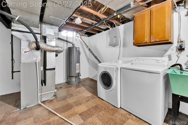 8798 Lozen Dr, Sterling Heights, MI 48313 - washroom with cabinet space, gas water heater, washing machine and dryer, electric panel, and heating unit