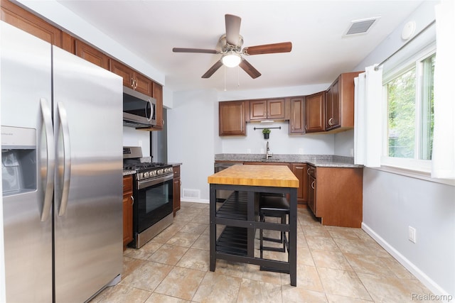 1478 Desoto Ave, Ypsilanti, MI 48198 - kitchen with stainless steel appliances, a ceiling fan, and butcher block counters