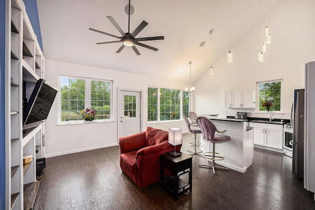 1156 N Bridge St, Linden, MI 48451 - living room with ceiling fan, high vaulted ceiling, dark wood finished floors, and a chandelier