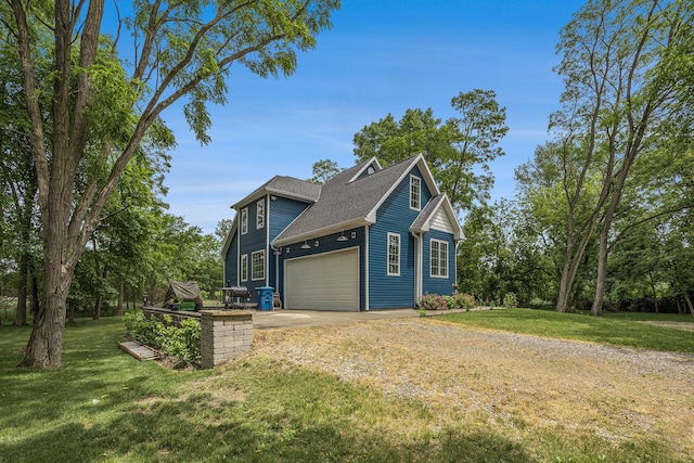 1156 N Bridge St, Linden, MI 48451 - view of side of property with dirt driveway, an attached garage, a yard, and roof with shingles