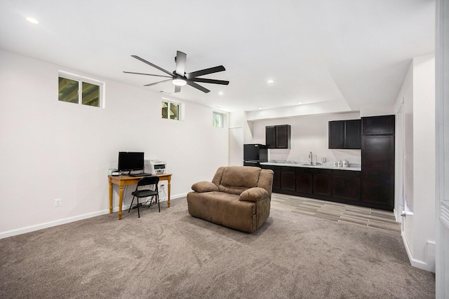 1156 N Bridge St, Linden, MI 48451 - living room featuring light colored carpet, an office area, a ceiling fan, and recessed lighting