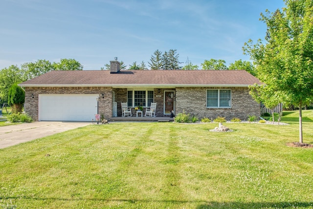 845 Riverlane Dr, Owosso, MI 48867 - single story home featuring a porch, an attached garage, concrete driveway, brick siding, and a chimney