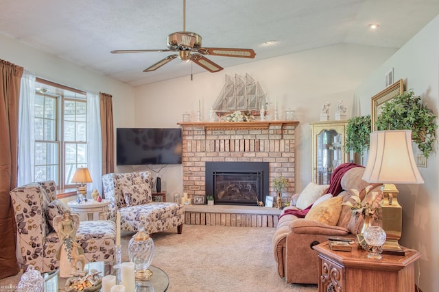 845 Riverlane Dr, Owosso, MI 48867 - living area featuring carpet, ceiling fan, lofted ceiling, and a fireplace