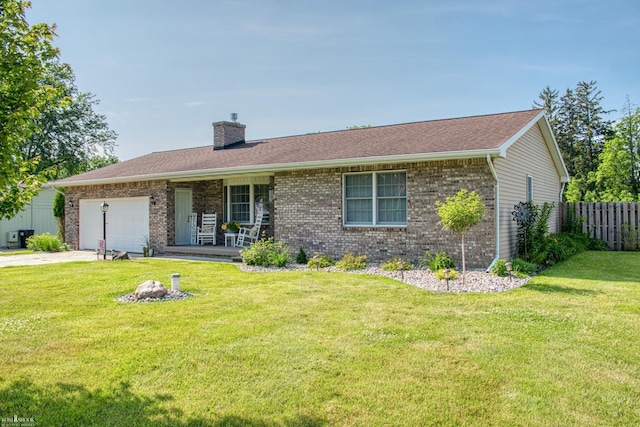 845 Riverlane Dr, Owosso, MI 48867 - ranch-style home featuring brick siding, a porch, a chimney, a garage, and concrete driveway