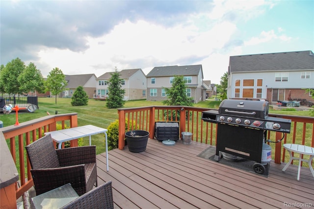 30475 Berghway Trl, Warren, MI 48092 - wooden deck featuring area for grilling, a residential view, a yard, and outdoor dining space