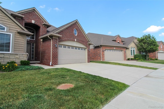 30475 Berghway Trl, Warren, MI 48092 - view of front of house with brick siding, a garage, a front lawn, and concrete driveway